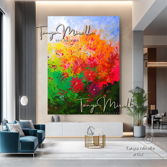 Modern Abstract Wall Art - Colorful Floral Impasto Oil Painting on Canvas #30