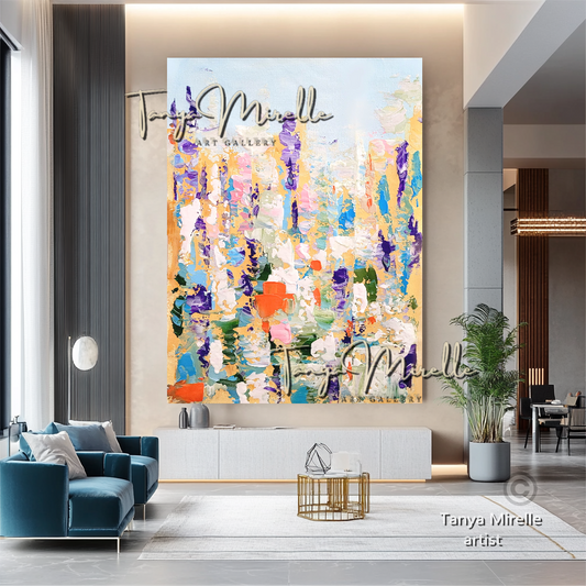 Modern Floral Meadow Wall Art - Colorful Abstract Impasto Oil Painting on Canvas #32