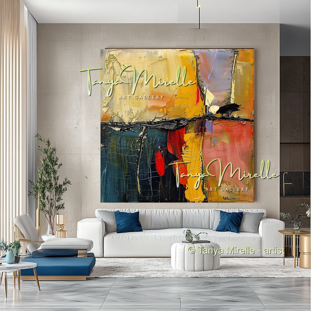 Original Abstract Oil Painting with Bold Red Accent #272