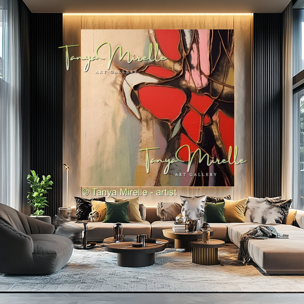 Impasto Oil Canvas Wall Art, Bold Red Accents #222