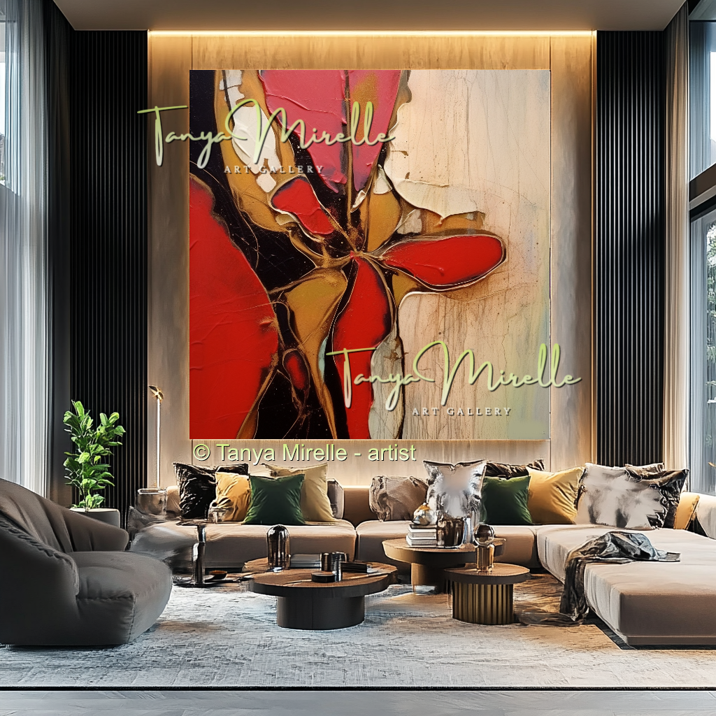 Impasto Oil Canvas Wall Art, Bold Red Accents #222