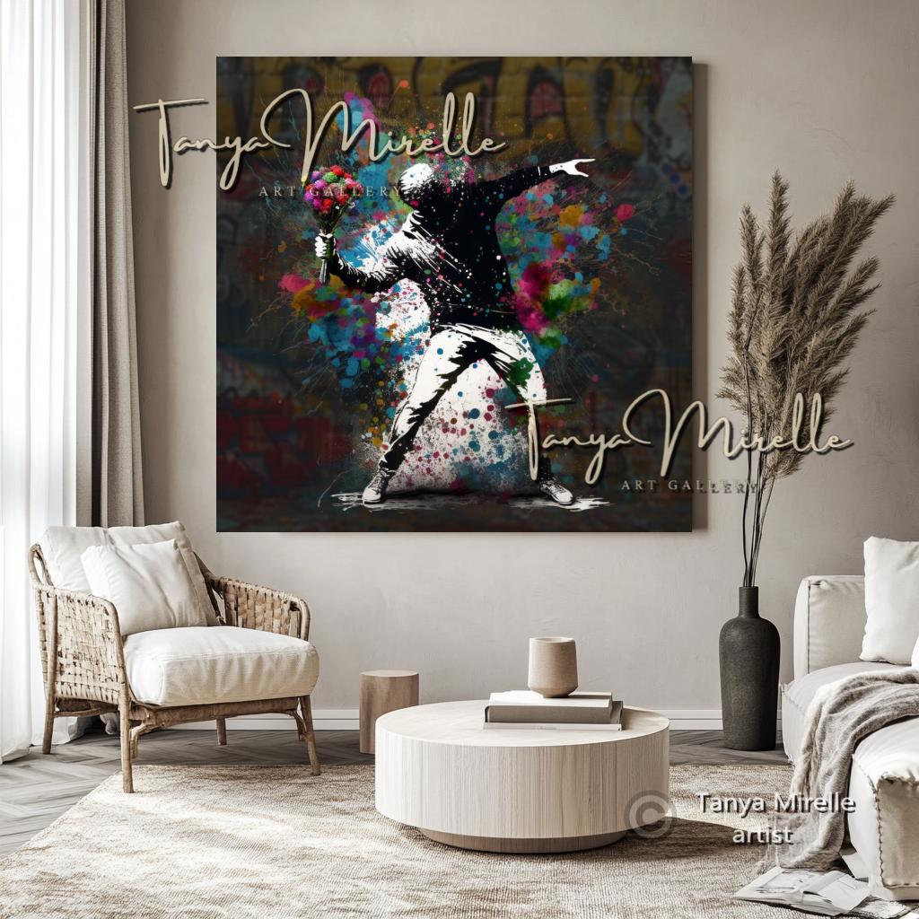 Banksy Man with Bouquet Street Art Print on Canvas art gift Banksy art Banksy canvas canvas print canvas wall art contemporary art flower thrower giclée prints graffiti art print graffiti canvas graffiti canvas art graffiti print home decor large canvas print large wall art Large Wall Art Decor modern abstract art modern art print modern wall art pop art print print on canvas ready to hang canvas street art street art on canvas stretched canvas art urban decor wall art prints