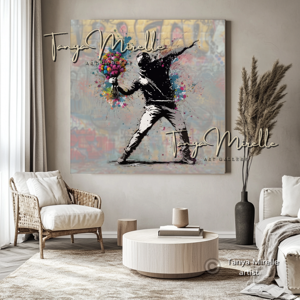 Banksy Man with Bouquet Street Art Print on Canvas art gift Banksy art Banksy canvas canvas print canvas wall art contemporary art flower thrower giclée prints graffiti art print graffiti canvas graffiti canvas art graffiti print home decor large canvas print large wall art Large Wall Art Decor modern abstract art modern art print modern wall art pop art print print on canvas ready to hang canvas street art street art on canvas stretched canvas art urban decor wall art prints