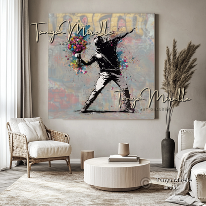 Banksy Man with Bouquet Street Art Print on Canvas art gift Banksy art Banksy canvas canvas print canvas wall art contemporary art flower thrower giclée prints graffiti art print graffiti canvas graffiti canvas art graffiti print home decor large canvas print large wall art Large Wall Art Decor modern abstract art modern art print modern wall art pop art print print on canvas ready to hang canvas street art street art on canvas stretched canvas art urban decor wall art prints