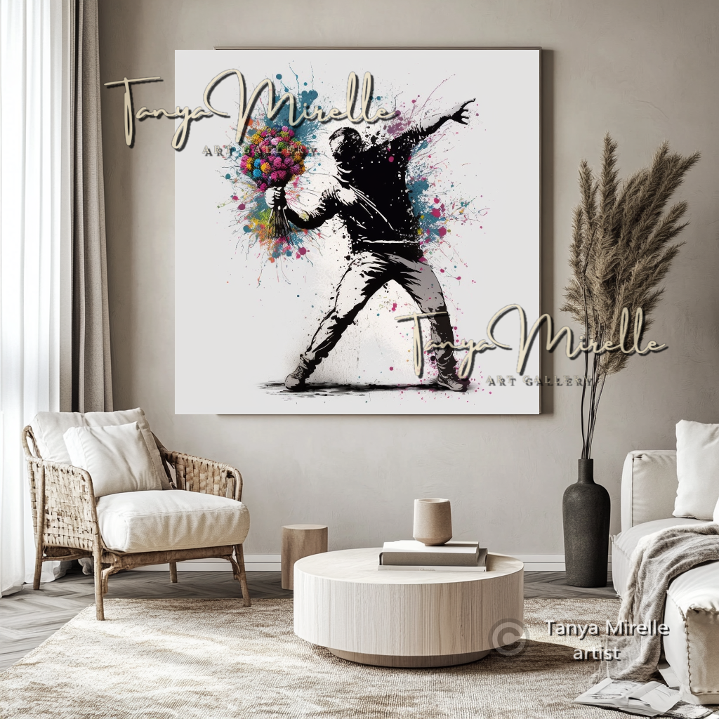 Banksy Man with Bouquet Street Art Print on Canvas art gift Banksy art Banksy canvas canvas print canvas wall art contemporary art flower thrower giclée prints graffiti art print graffiti canvas graffiti canvas art graffiti print home decor large canvas print large wall art Large Wall Art Decor modern abstract art modern art print modern wall art pop art print print on canvas ready to hang canvas street art street art on canvas stretched canvas art urban decor wall art prints