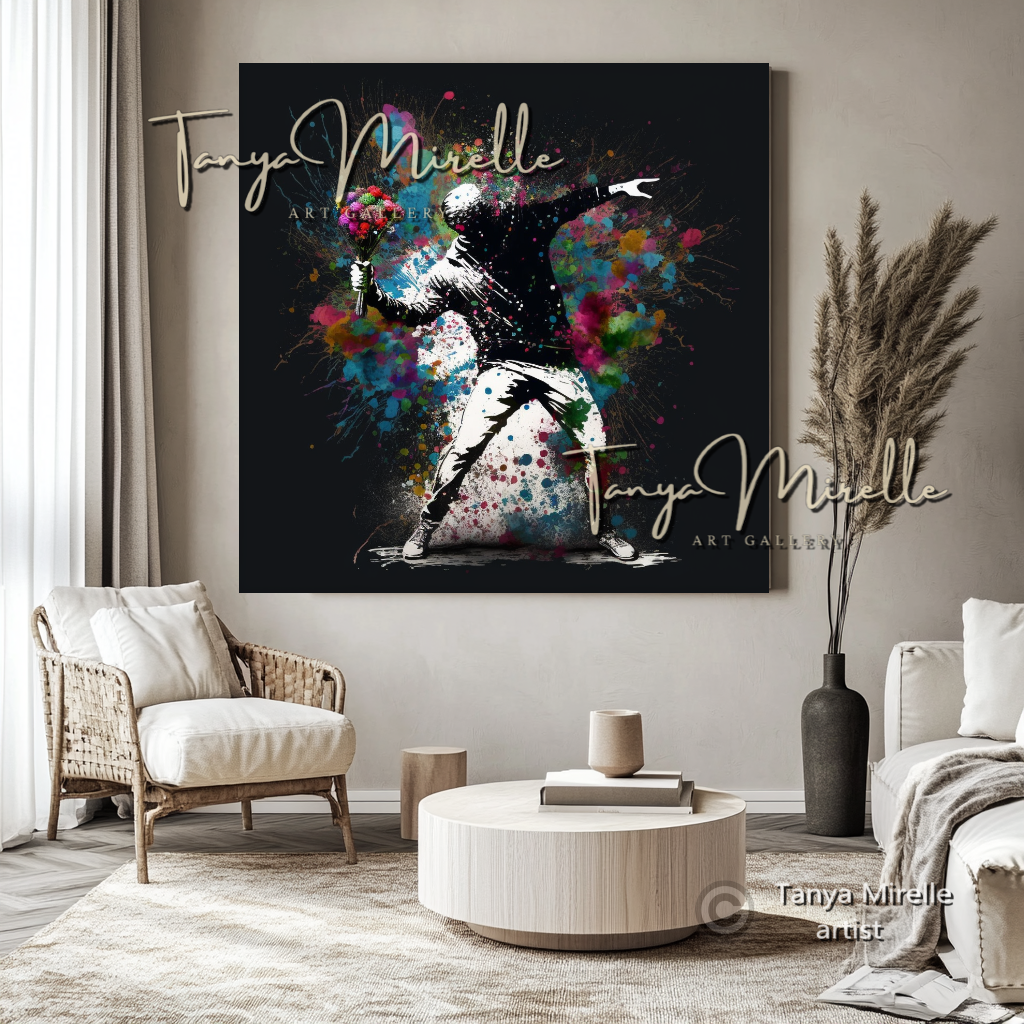 Banksy Man with Bouquet Street Art Print on Canvas art gift Banksy art Banksy canvas canvas print canvas wall art contemporary art flower thrower giclée prints graffiti art print graffiti canvas graffiti canvas art graffiti print home decor large canvas print large wall art Large Wall Art Decor modern abstract art modern art print modern wall art pop art print print on canvas ready to hang canvas street art street art on canvas stretched canvas art urban decor wall art prints