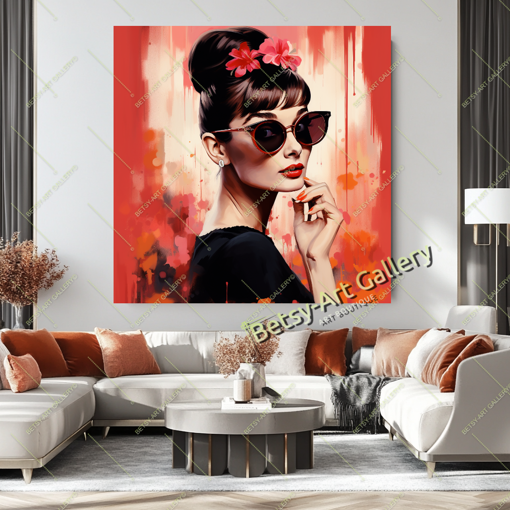 Vintage Audrey Hepburn Portrait, Hollywood Glamour Art Print on Canvas