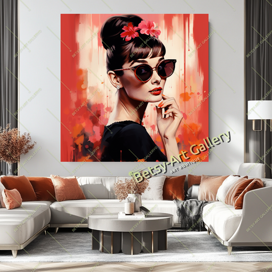 Vintage Audrey Hepburn Portrait, Hollywood Glamour Art Print on Canvas