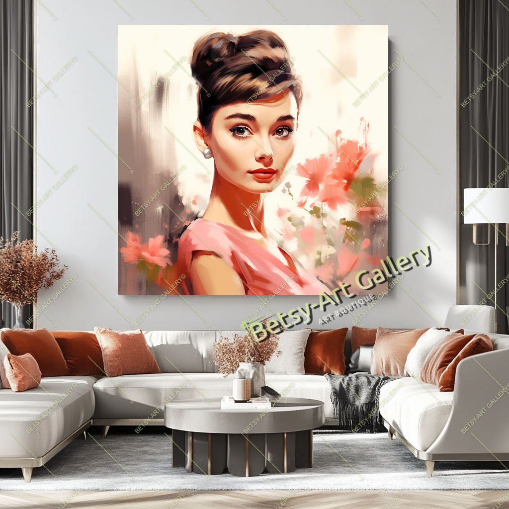 Vintage Audrey Hepburn Portrait, Hollywood Glamour Art Print on Canvas