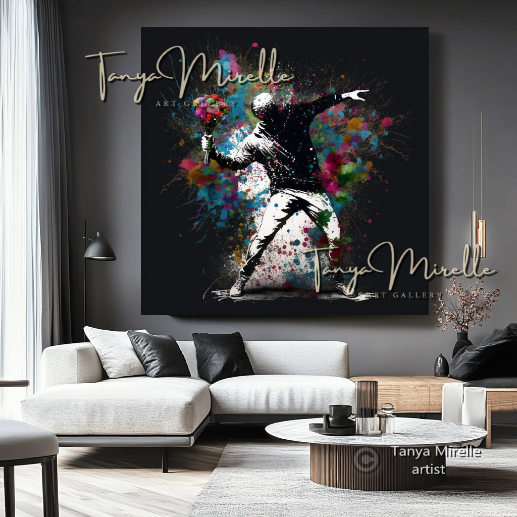 Banksy Man with Bouquet Street Art Print on Canvas B art gift Banksy art Banksy canvas canvas print canvas wall art contemporary art flower thrower giclée prints graffiti art print graffiti canvas graffiti canvas art graffiti print home decor large canvas print large wall art Large Wall Art Decor modern abstract art modern art print modern wall art pop art print print on canvas ready to hang canvas street art street art on canvas stretched canvas art urban decor wall art prints