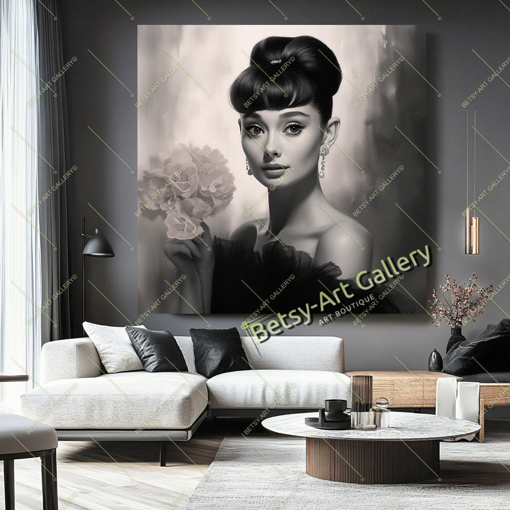 Hollywood Style Audrey Hepburn Portrait Canvas Print, Elegant Wall Decor