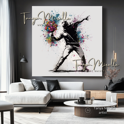 Banksy Man with Bouquet Street Art Print on Canvas A art gift Banksy art Banksy canvas canvas print canvas wall art contemporary art flower thrower giclée prints graffiti art print graffiti canvas graffiti canvas art graffiti print home decor large canvas print large wall art Large Wall Art Decor modern abstract art modern art print modern wall art pop art print print on canvas ready to hang canvas street art street art on canvas stretched canvas art urban decor wall art prints