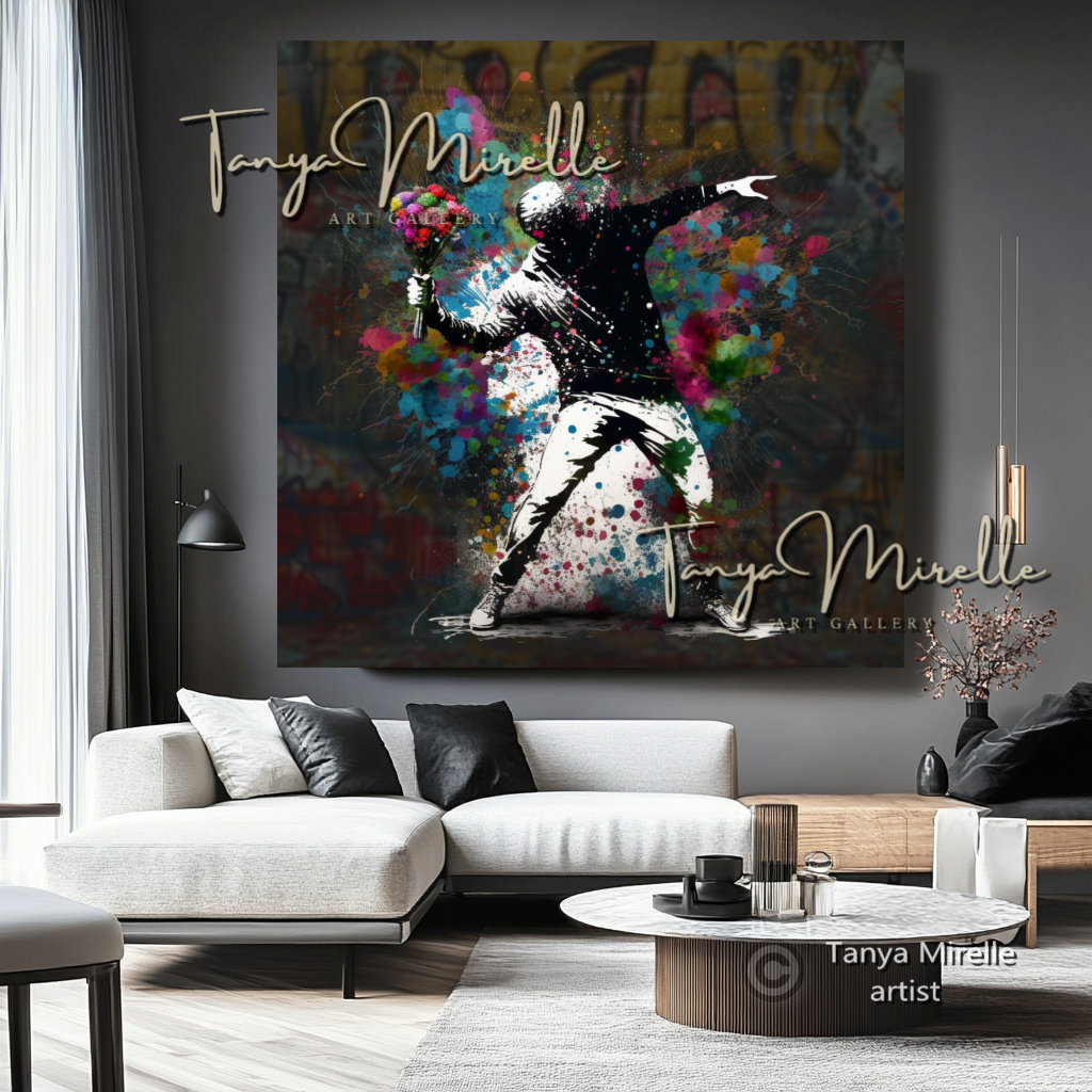 Banksy Man with Bouquet Street Art Print on Canvas C art gift Banksy art Banksy canvas canvas print canvas wall art contemporary art flower thrower giclée prints graffiti art print graffiti canvas graffiti canvas art graffiti print home decor large canvas print large wall art Large Wall Art Decor modern abstract art modern art print modern wall art pop art print print on canvas ready to hang canvas street art street art on canvas stretched canvas art urban decor wall art prints