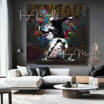 Banksy Man with Bouquet Street Art Print on Canvas C art gift Banksy art Banksy canvas canvas print canvas wall art contemporary art flower thrower giclée prints graffiti art print graffiti canvas graffiti canvas art graffiti print home decor large canvas print large wall art Large Wall Art Decor modern abstract art modern art print modern wall art pop art print print on canvas ready to hang canvas street art street art on canvas stretched canvas art urban decor wall art prints