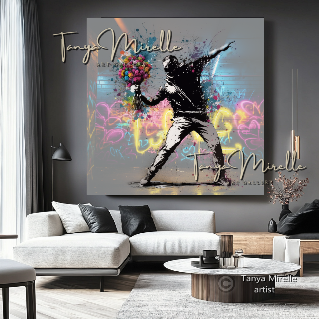 Banksy Man with Bouquet Graffiti Art Print on Canvas #2 art gift Banksy art Banksy canvas canvas print canvas wall art contemporary art flower thrower giclée prints graffiti art print graffiti canvas graffiti canvas art graffiti print home decor large canvas print large wall art Large Wall Art Decor modern abstract art modern art print modern wall art pop art print print on canvas ready to hang canvas street art street art on canvas stretched canvas art urban decor wall art prints
