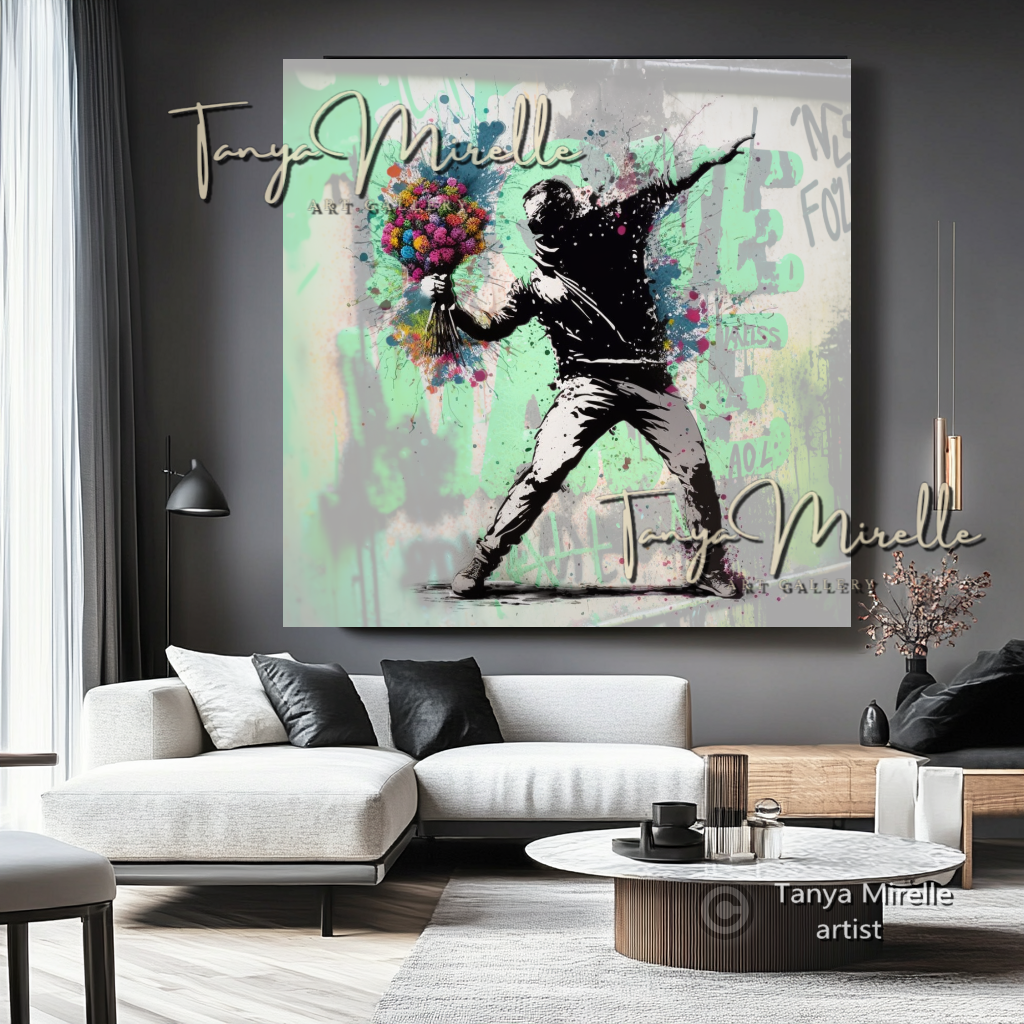 Banksy Man with Bouquet Graffiti Art Print on Canvas #2 art gift Banksy art Banksy canvas canvas print canvas wall art contemporary art flower thrower giclée prints graffiti art print graffiti canvas graffiti canvas art graffiti print home decor large canvas print large wall art Large Wall Art Decor modern abstract art modern art print modern wall art pop art print print on canvas ready to hang canvas street art street art on canvas stretched canvas art urban decor wall art prints