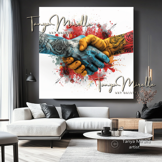 Tattooed Hands Handshake Art Print on Canvas #1