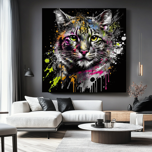 Multicolor Cat Portrait - Colorful Splash Canvas Print A animal wall decor art gift artistic cat painting black cat painting canvas print canvas wall art cat lover gift colorful cat contemporary artwork feline art giclée prints graffiti canvas art graffiti print home decor jungle cat large canvas print large wall art modern art print modern cat print modern home decor pet portrait print on canvas ready to hang canvas stretched canvas art wall art prints