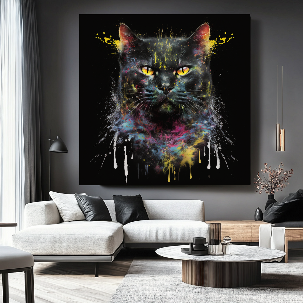 Vivid Black Cat Colorful Splash Canvas Print A animal wall decor art gift artistic cat painting black cat painting canvas print canvas wall art cat lover gift colorful cat contemporary artwork feline art giclée prints graffiti canvas art graffiti print home decor jungle cat large canvas print large wall art modern art print modern cat print modern home decor pet portrait print on canvas ready to hang canvas stretched canvas art wall art prints