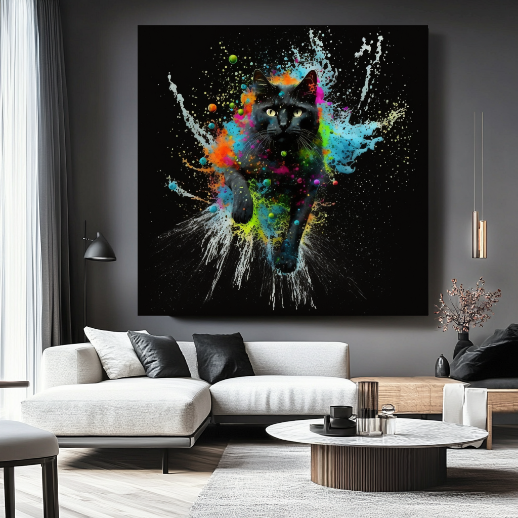 Vivid Black Cat Colorful Splash Canvas Print animal wall decor art gift artistic cat painting black cat painting canvas print canvas wall art cat lover gift colorful cat contemporary artwork feline art giclée prints graffiti canvas art graffiti print home decor jungle cat large canvas print large wall art modern art print modern cat print modern home decor pet portrait print on canvas ready to hang canvas stretched canvas art wall art prints