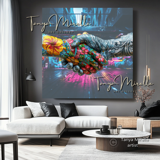 Tattooed Hands Handshake Art Print on Canvas #2