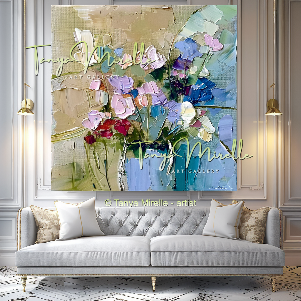 Modern Blue Floral Canvas Artwork with Texture #340