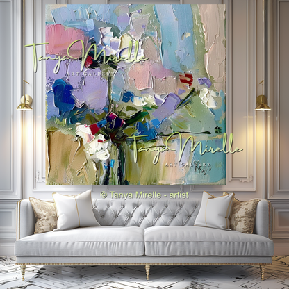 Modern Blue Floral Canvas Artwork with Texture #341