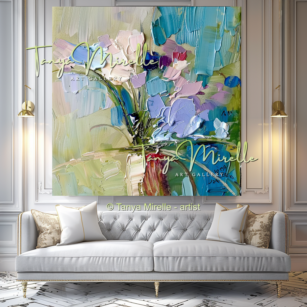 Modern Blue Floral Canvas Artwork with Texture #341