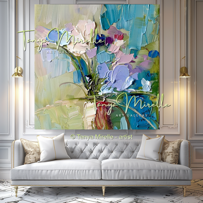 Modern Blue Floral Canvas Artwork with Texture #341