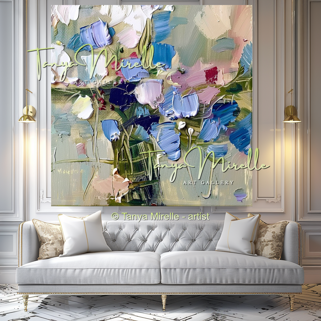 Modern Blue Floral Canvas Artwork with Texture #340