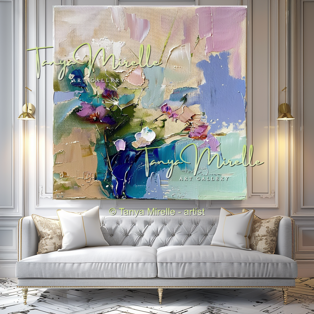 Modern Blue Floral Canvas Artwork with Texture #341