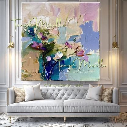 Modern Blue Floral Canvas Artwork with Texture #341