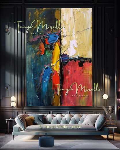 Original Abstract Oil Painting with Bold Red Accent #272
