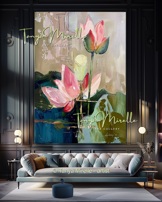 Pink and Green Floral, Lotus Abstract Oil Painting #297