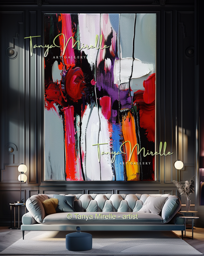 Hand-Painted Impasto Oil Canvas Wall Art, Bold Red Accents #300