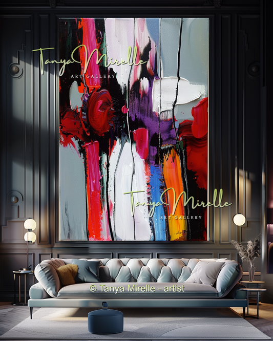 Hand-Painted Impasto Oil Canvas Wall Art, Bold Red Accents #300
