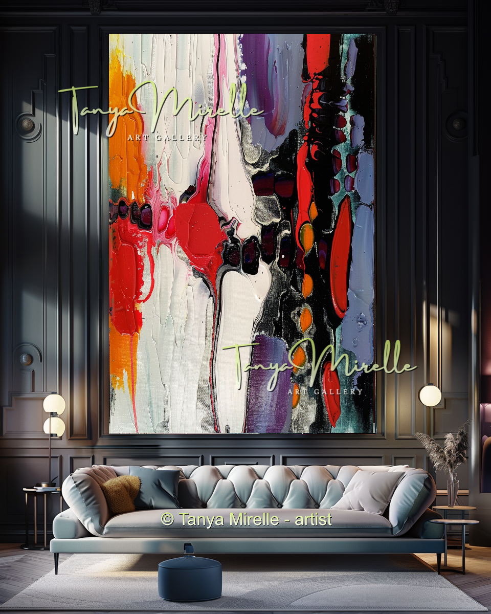 Hand-Painted Impasto Oil Canvas Wall Art, Bold Red Accents #300