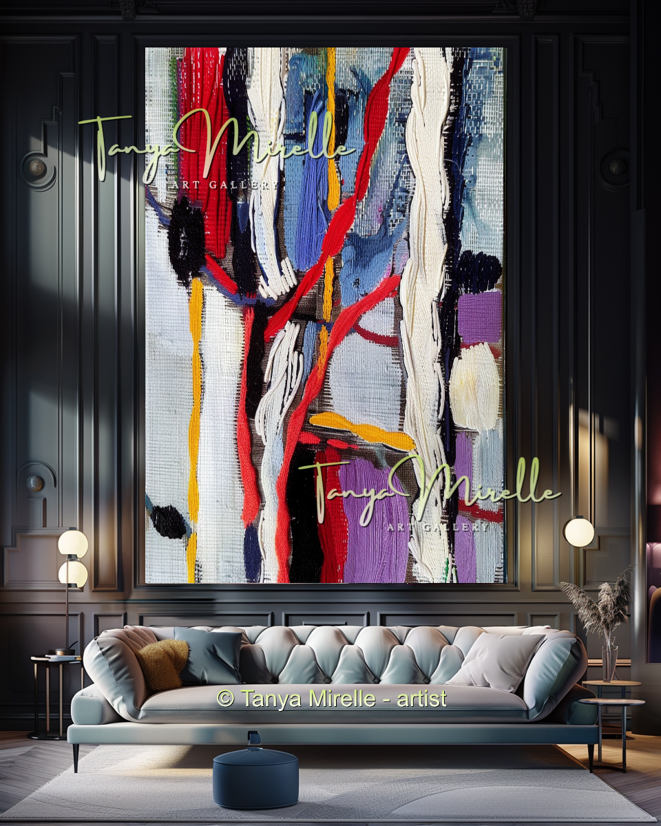 Hand-Painted Impasto Oil Canvas Wall Art, Bold Red Accents #300