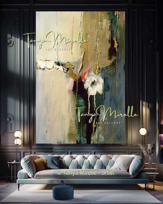 Green Beige Floral Abstract Painting - Modern Wall Art #164