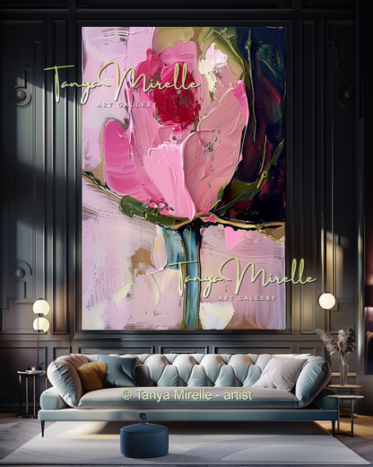 Elegant Abstract Flower Wall Art, Oil Impasto Painting #296