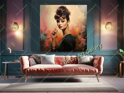 Vintage Audrey Hepburn Portrait, Hollywood Glamour Art Print on Canvas