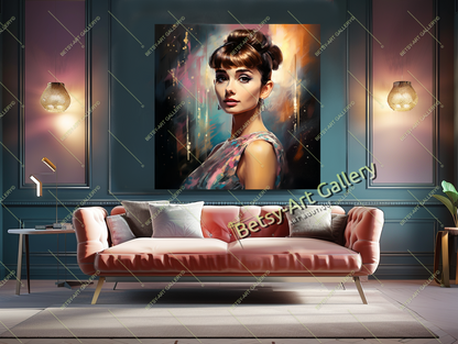 Vintage Audrey Hepburn Portrait, Hollywood Glamour Art Print on Canvas