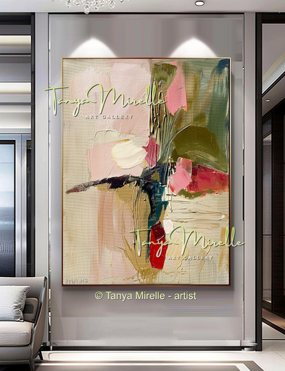Pink and Beige Floral Abstract Oil Painting #267