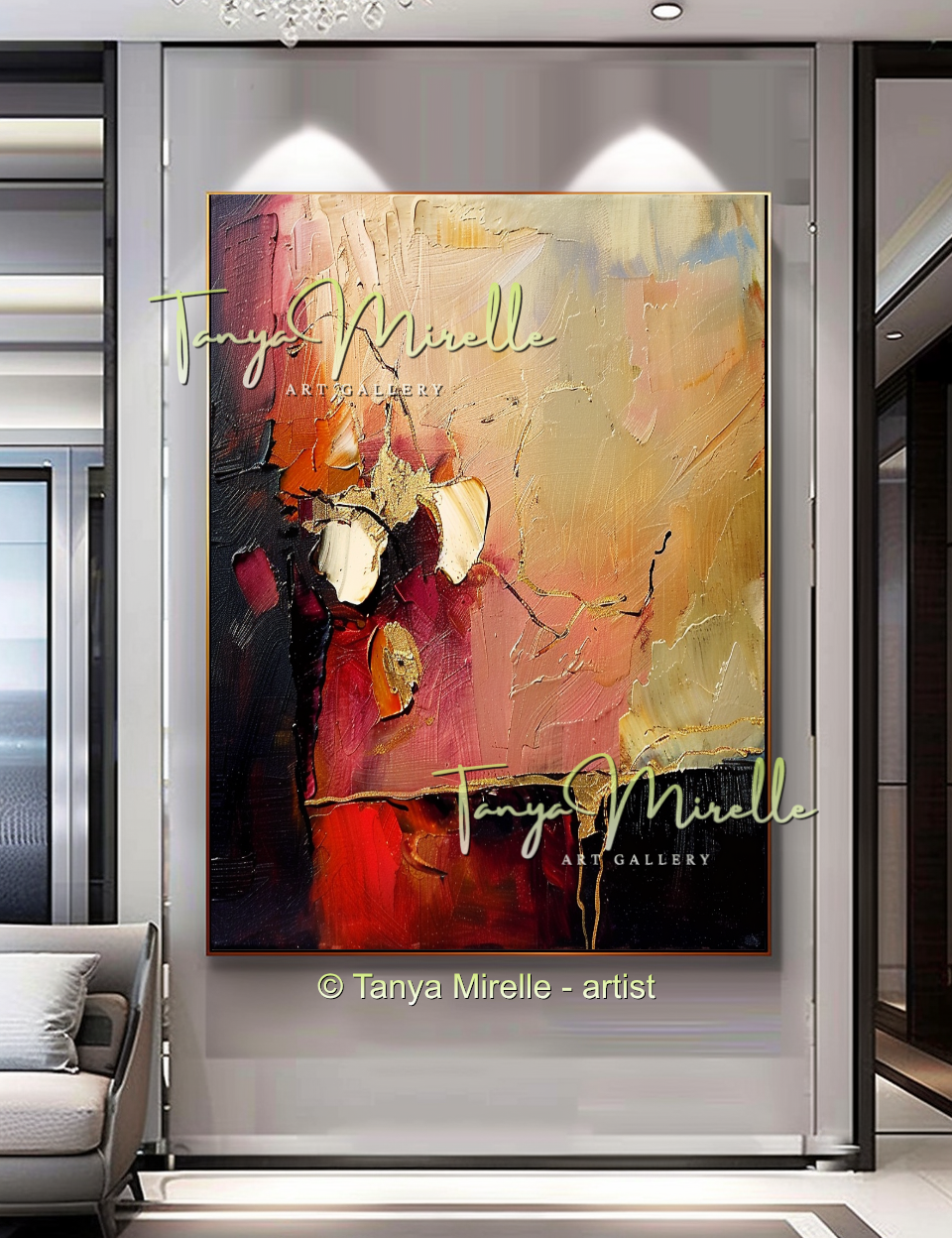 Abstract Canvas Art with Gold and Red Accents #244