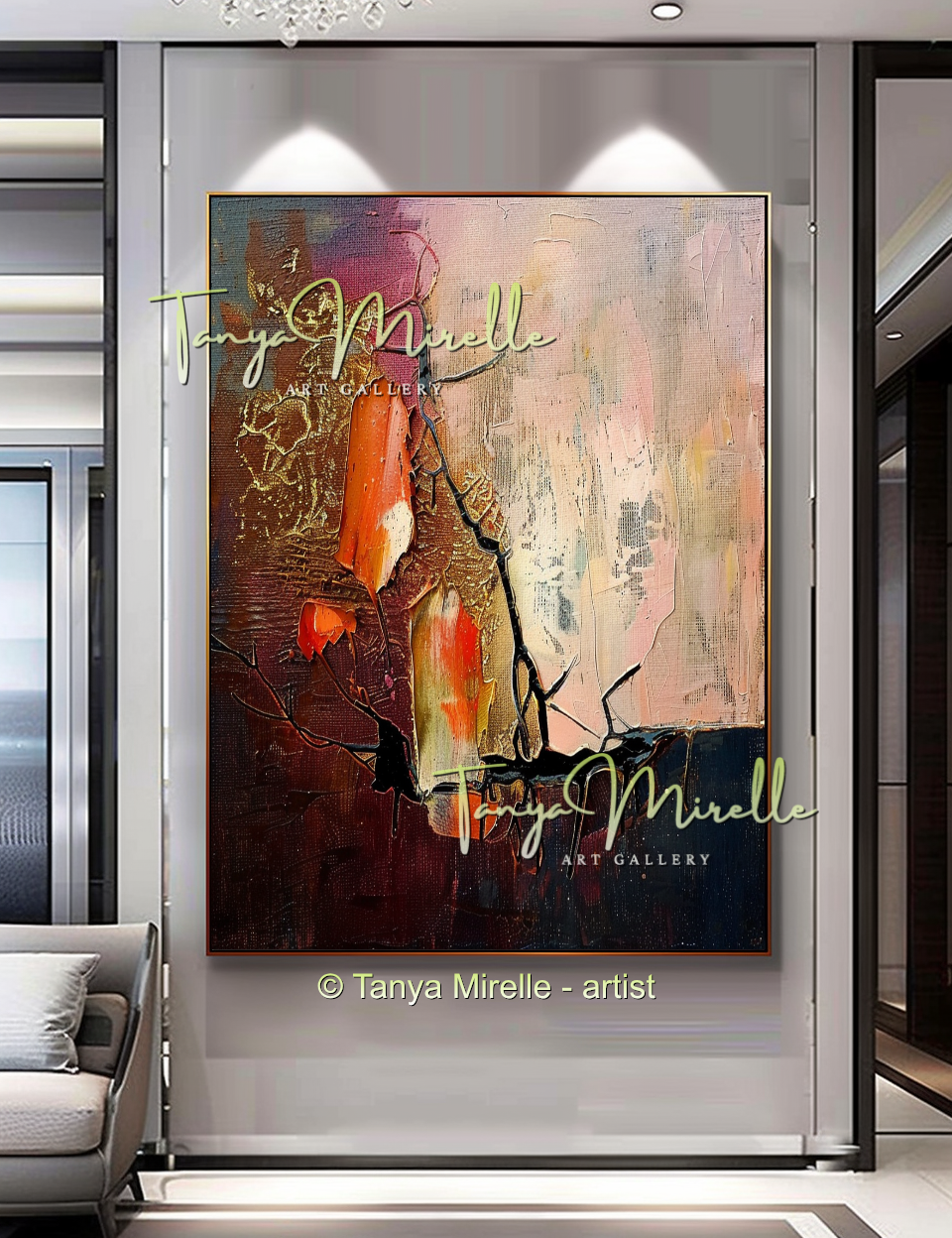 Abstract Canvas Art with Gold and Red Accents #244