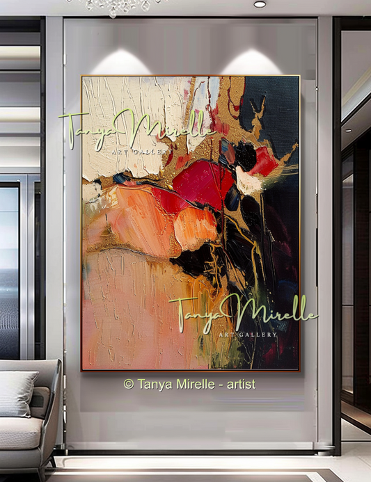 Abstract Canvas Art with Gold and Red Accents #244