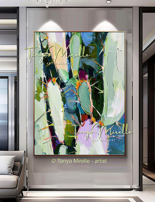 Abstract Cactus Impasto Oil Painting on Canvas #247