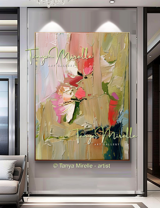 Earth Tone Floral Abstract Oil Painting with Pink Accents  #255