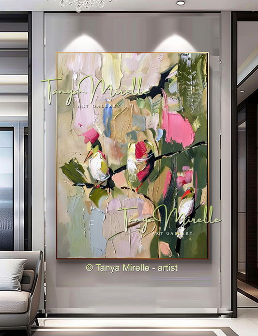 Earth Tone Floral Abstract Oil Painting with Pink Accents  #254