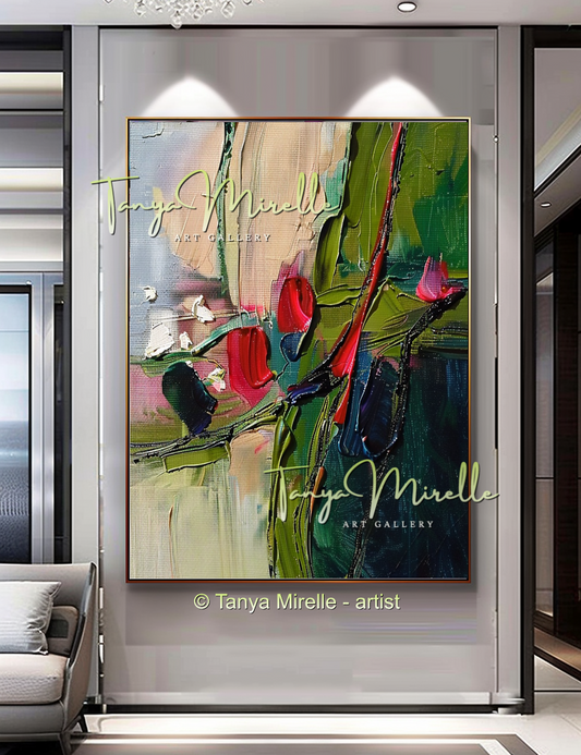 Elegant Abstract Flower Wall Art, Oil Impasto Painting #241